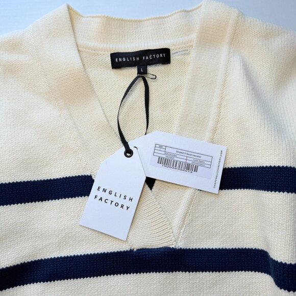 English Factory Striped V-Neck Sweater Cream Navy Heavy Knit NWT Size L - Picture 5 of 12